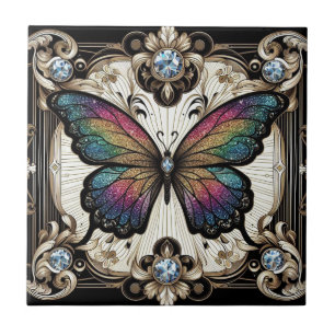Retro Art Deco Nouveau Rainbow Butterfly Ceramic Tile