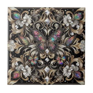 Retro Art Deco Nouveau Rainbow Butterfly Ceramic Tile
