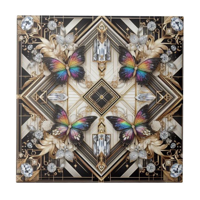 Retro Art Deco Nouveau Rainbow Butterfly Ceramic Tile (Front)