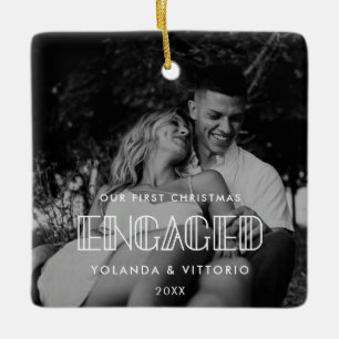 Retro art deco Our First Christmas engaged photo Ceramic Ornament