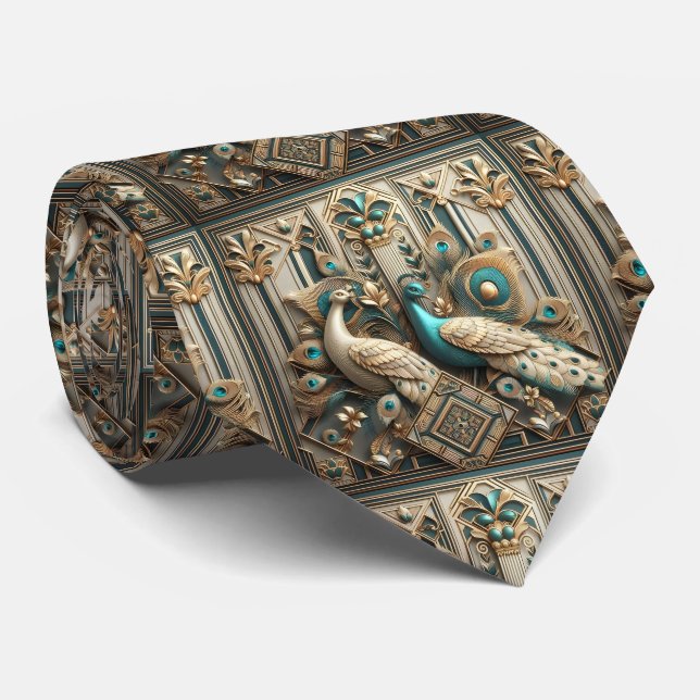 Retro Art Deco Peacocks Tie (Rolled)