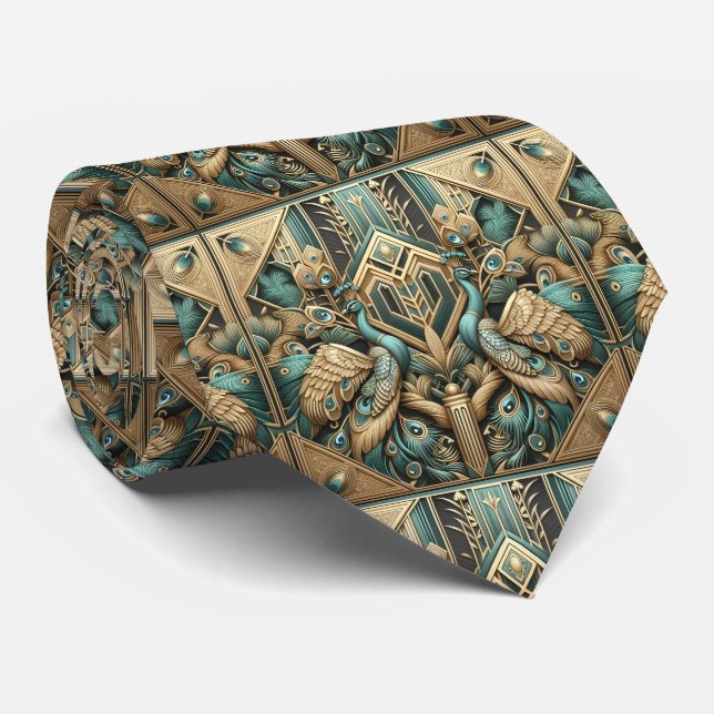 Retro Art Deco Peacocks Tie (Rolled)