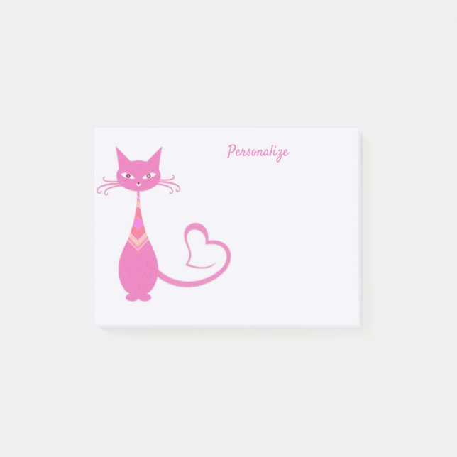 Retro Art Deco Pink Ceramic Cat Personalised Post-it Notes (Front)