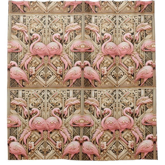 Retro Art Deco Pink Flamingos Shower Curtain (Front)