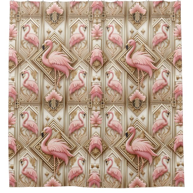 Retro Art Deco Pink Flamingos Shower Curtain (Front)