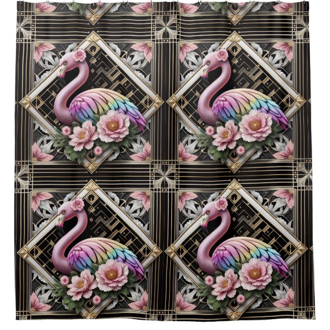 Retro Art Deco Pink Flamingos Shower Curtain (Front)