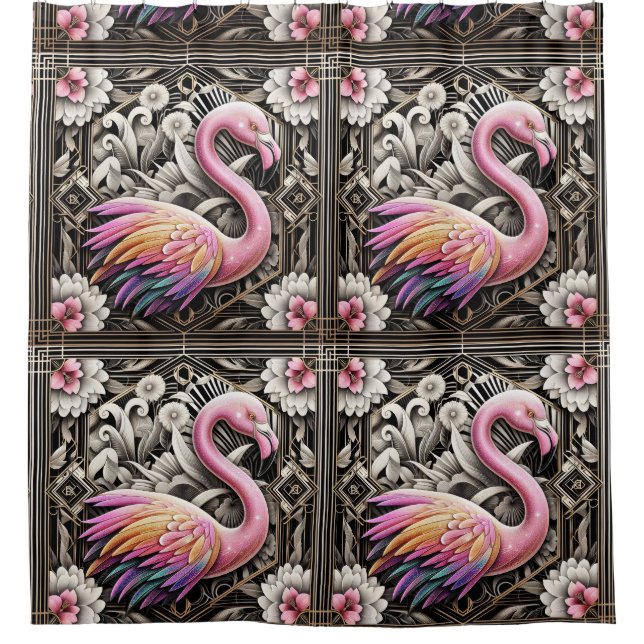 Retro Art Deco Pink Flamingos Shower Curtain (Front)
