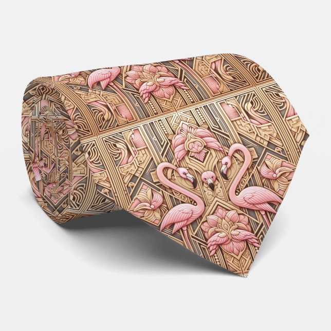 Retro Art Deco Pink Flamingos Tie (Rolled)