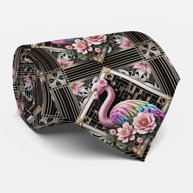 Retro Art Deco Pink Flamingos Tie (Rolled)