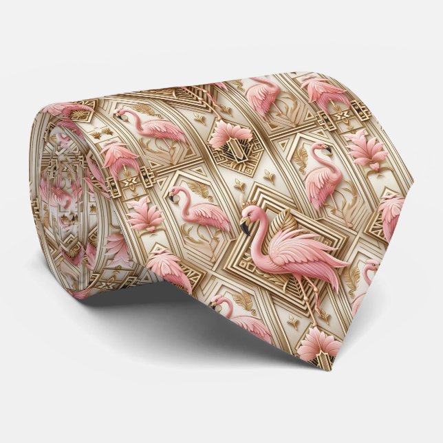 Retro Art Deco Pink Flamingos Tie (Rolled)