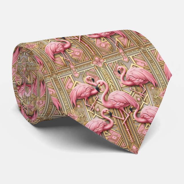 Retro Art Deco Pink Flamingos Tie (Rolled)
