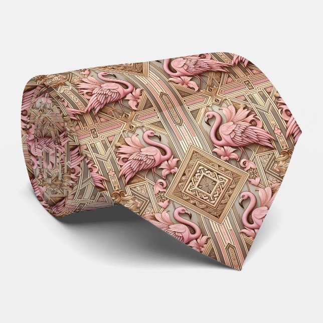 Retro Art Deco Pink Flamingos Tie (Rolled)
