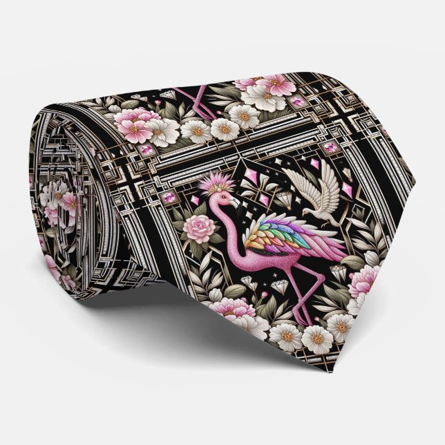 Retro Art Deco Pink Flamingos Tie (Rolled)