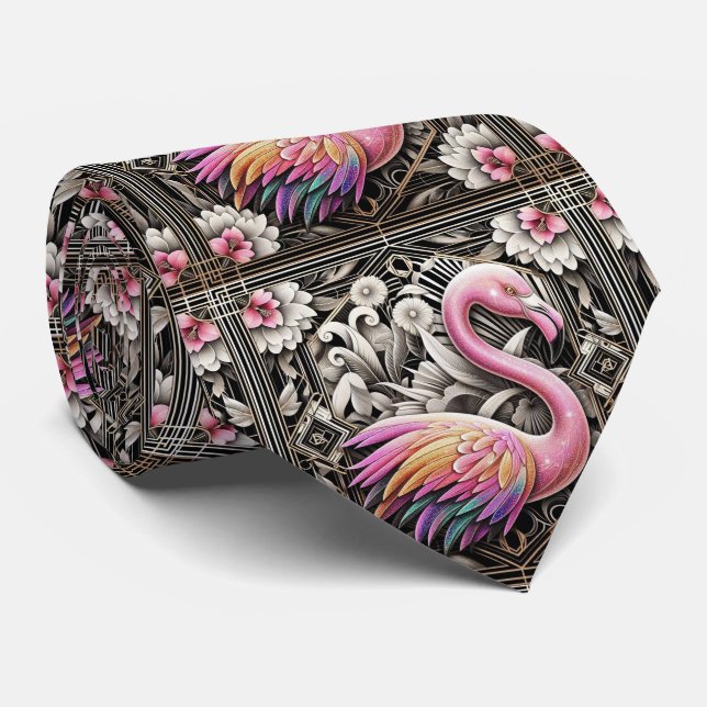 Retro Art Deco Pink Flamingos Tie (Rolled)