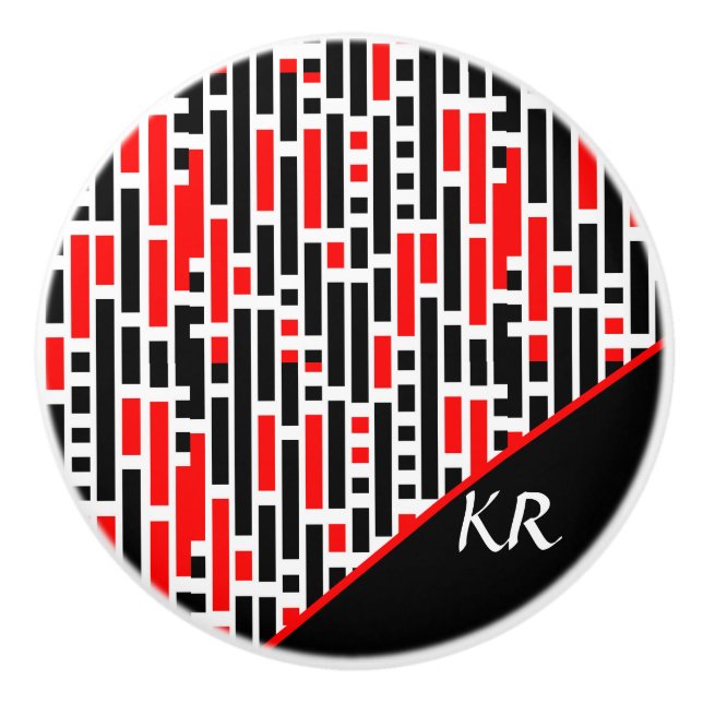 Retro Art Deco Red Black Abstract Pattern Monogram Ceramic Knob (Front)