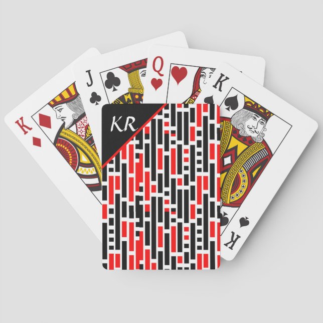Retro Art Deco Red Black Abstract Pattern Monogram Playing Cards (Back)