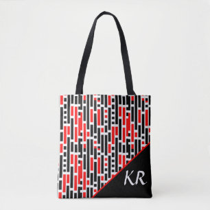 Retro Art Deco Red Black Abstract Pattern Monogram Tote Bag