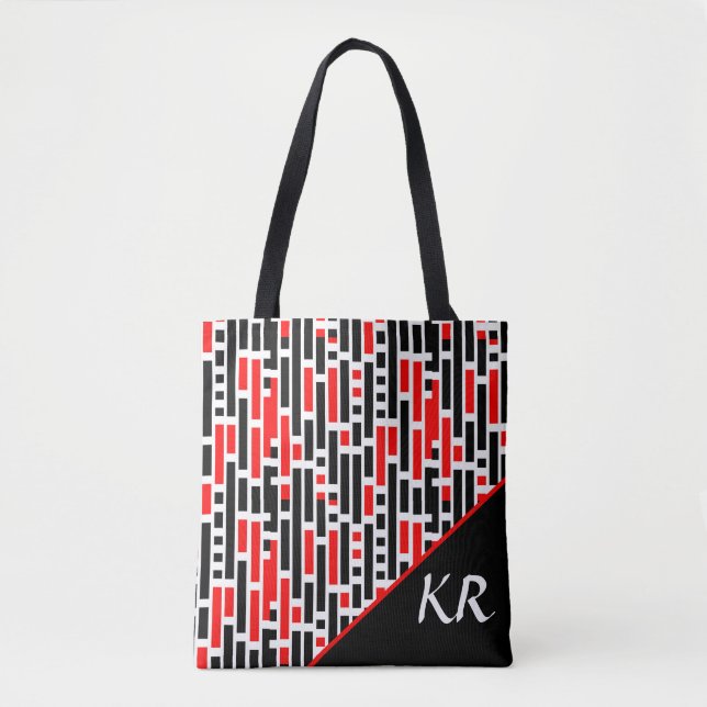 Retro Art Deco Red Black Abstract Pattern Monogram Tote Bag (Front)