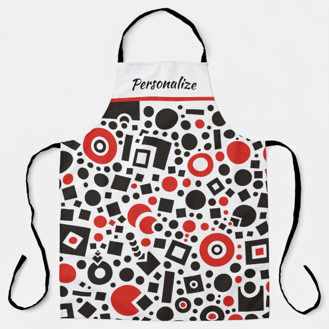 Retro Art Deco Red Black & White Geometric Pattern Apron (Front)