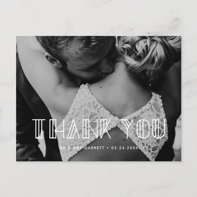 Retro art deco script wedding thank you postcard (Front)