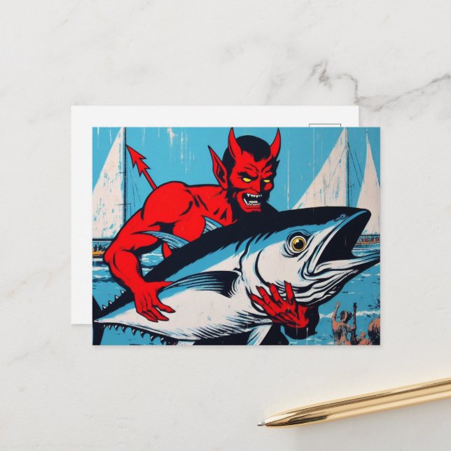 Retro Art Devil With A Tunafish the Beach Grunge Postcard (Front/Back In Situ)