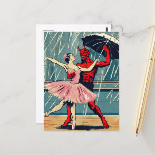 Retro Art Devil With Ballet Dancer in Rain Postcard