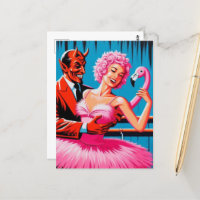 Retro Art Devil With Ballet Dancer Pink Flamingo