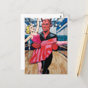 Retro Art Devil With Dancer in a Red Pink Dress Postcard