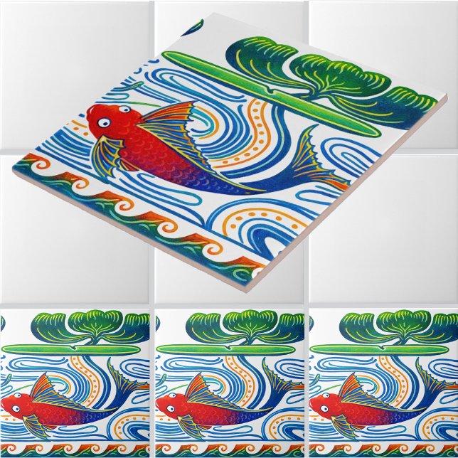 Retro Art Nouveau Fish & Lily Frieze Pattern Ceramic Tile (Creator Uploaded)