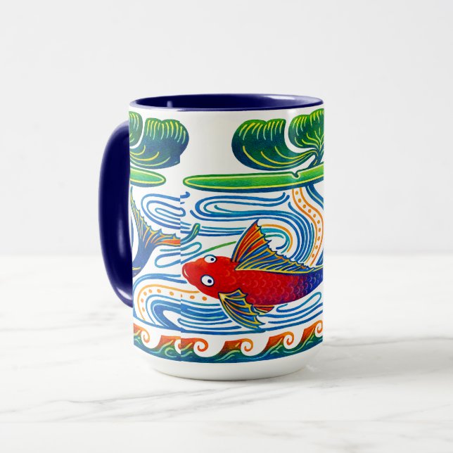 Retro Art Nouveau Fish & Lily Frieze Pattern Mug (Front Left)