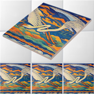 Retro Art Nouveau Flying Flamingos Frieze Ceramic Tile
