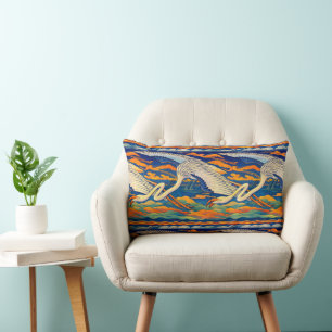 Retro Art Nouveau Flying Flamingos Frieze Lumbar Cushion