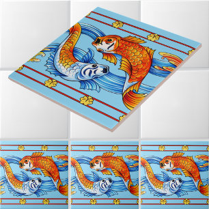 Retro Art Nouveau Koi Fish Frieze Pattern Ceramic Tile