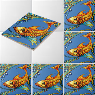 Retro Art Nouveau Koi Fish Pattern Ceramic Tile