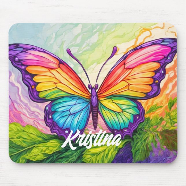 Retro Artistic Custom Butterfly Monogram Name Mouse Pad (Front)