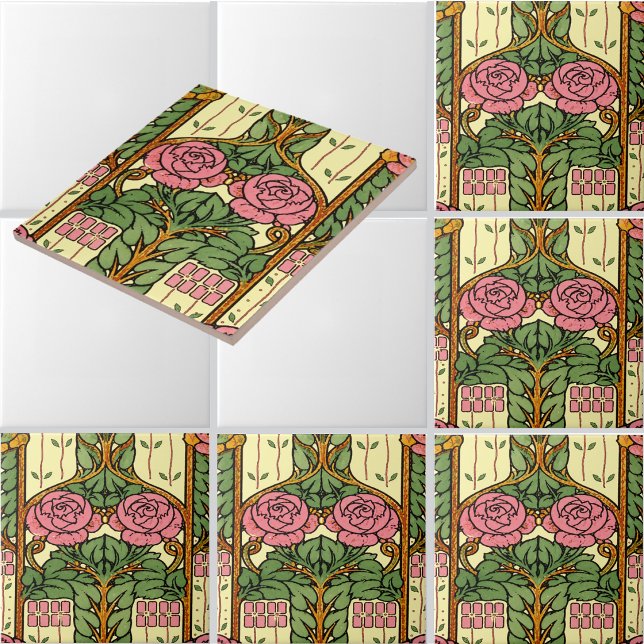 Retro Arts & Crafts Floral Foliage Rose Pattern Ceramic Tile (Creator Uploaded)