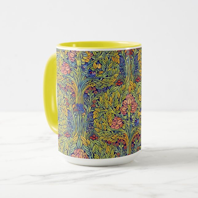 Retro Arts & Crafts style Birds in Trees Pattern Mug (Front Left)