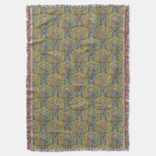 Retro Arts & Crafts style Birds in Trees Pattern Throw Blanket