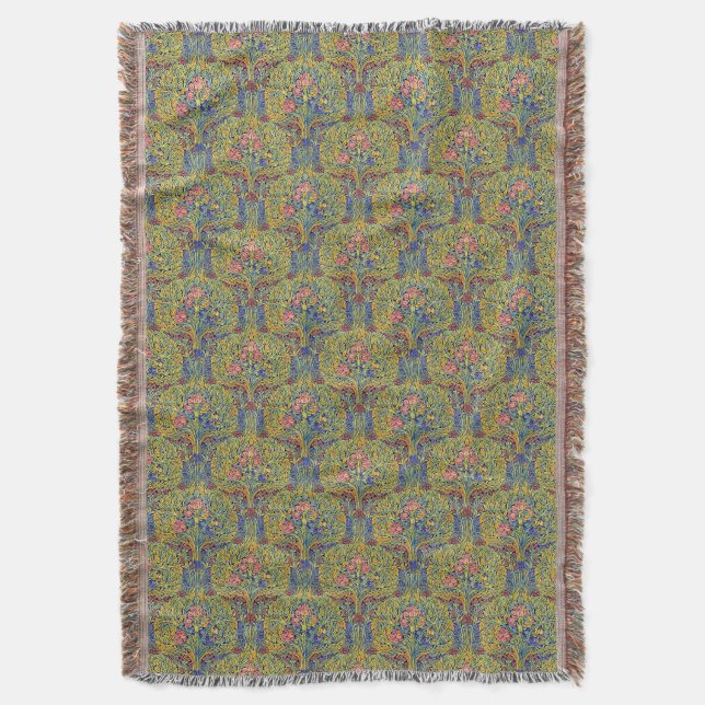 Retro Arts & Crafts style Birds in Trees Pattern Throw Blanket (Front Vertical)