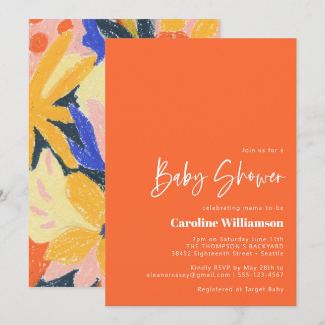 Retro Artsy Abstract Botanical Orange Baby Shower Invitation (Front/Back)