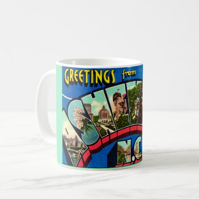 Retro Asheville NC Postcard Coffee Mug (Front Left)