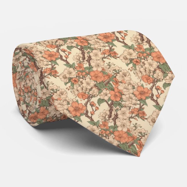 Retro Asian Floral Garden Neck Tie (Rolled)