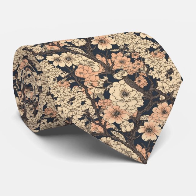 Retro Asian Floral Garden Neck Tie (Rolled)