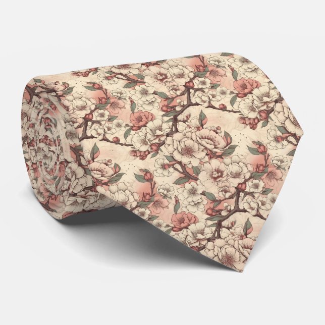 Retro Asian Floral Garden Neck Tie (Rolled)
