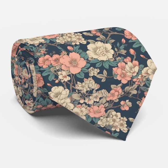 Retro Asian Floral Garden Neck Tie (Rolled)