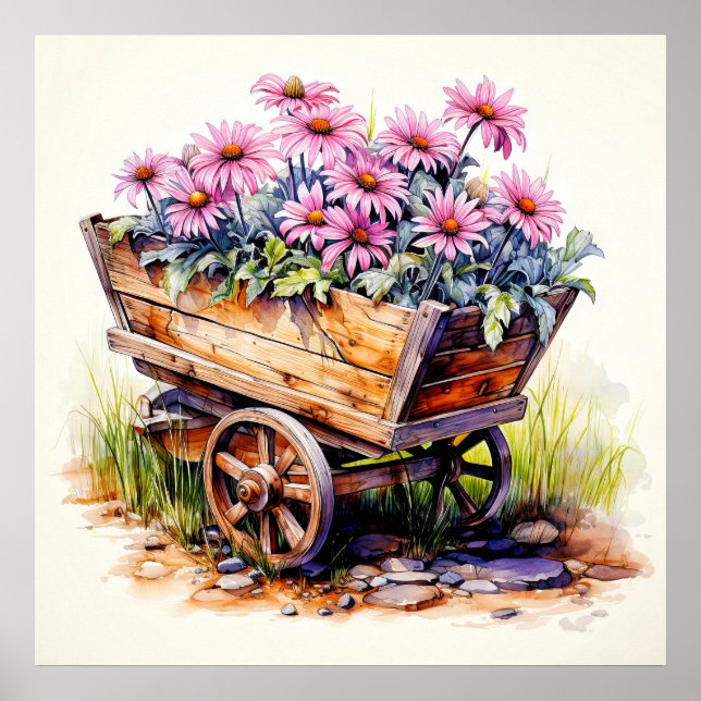 Retro Aster Flowers In A Wooden Wagon Poster (Front)