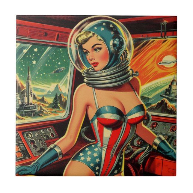 Retro Astronaut Girl Ceramic Tile (Front)