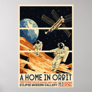 Retro Astronauts in Space Print Mid-Century Modern