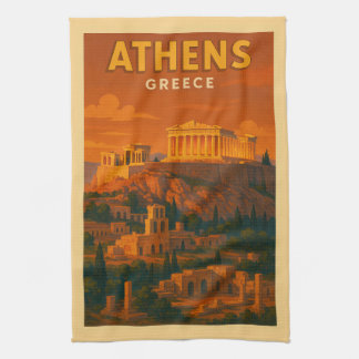 Retro Athens Greece Travel Tea Towel
