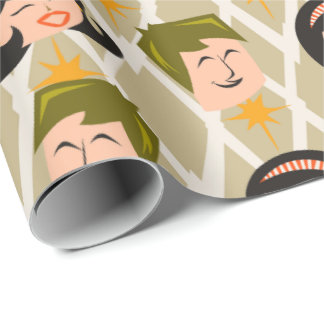 Retro Atomic 50s Happy Heads Pattern Wrapping Paper